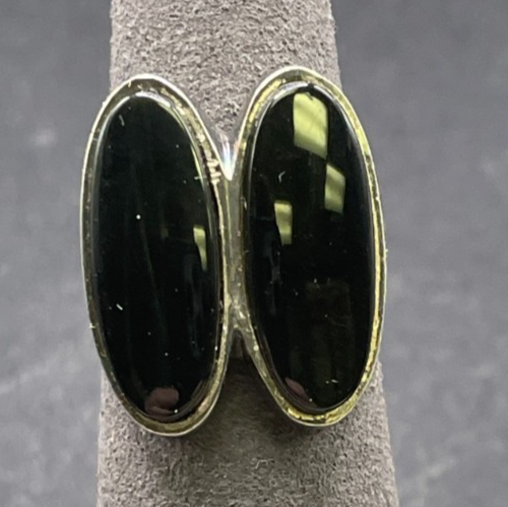 Vintage Sterling Silver 925 Two Oval-Shaped Black Onyx Statement Ring Size 6.5